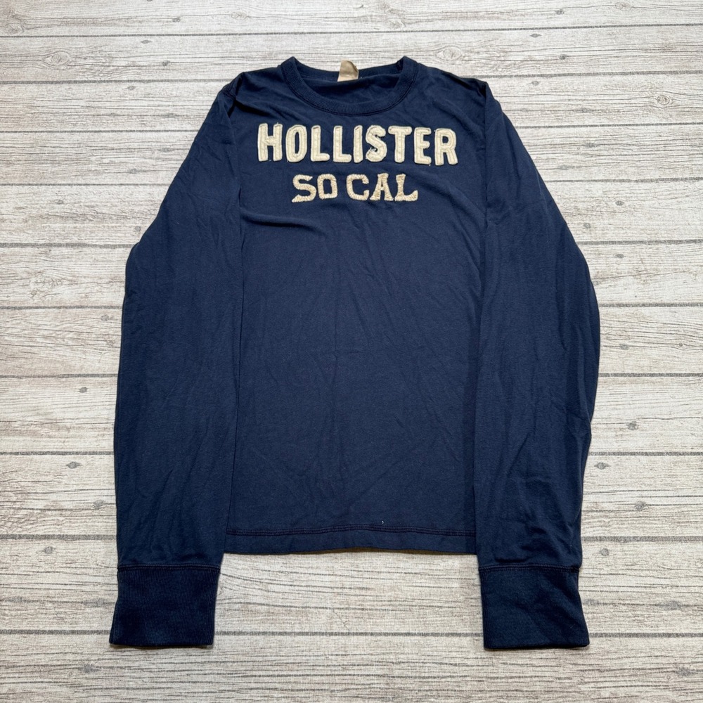 Y2K Hollister Shirt Mens XL Navy Blue Graphic Spellout Cotton Long Sleeve Preppy